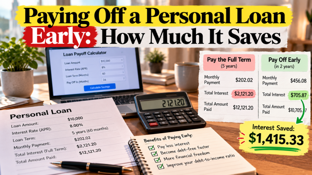 Smiling man looking at a laptop showing a personal loan almost paid off