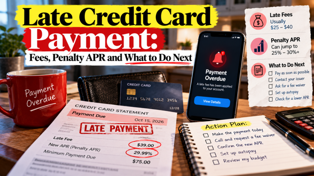 Past-due credit card notice next to a phone showing a late payment reminder