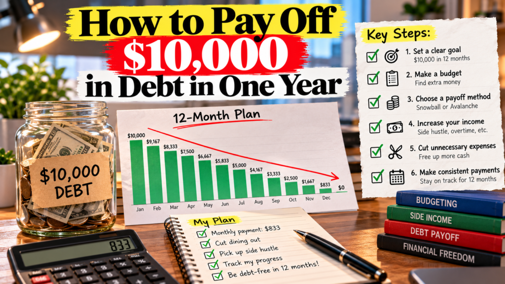 Desk calendar titled $10,000 in One Year with a monthly amount checked off for each month
