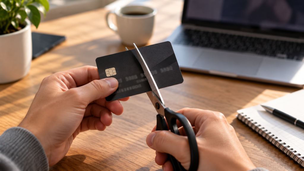 Hand holding scissors next to a generic credit card on a desk