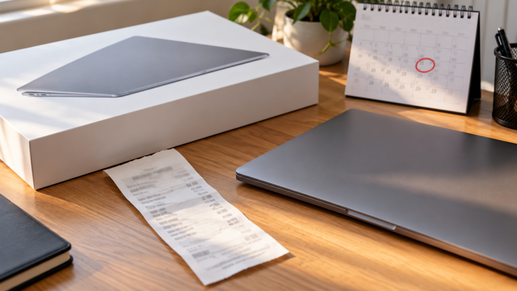 Store receipt with a no-interest promotion next to a calendar on a desk